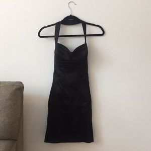 Bebe Structured, Black Satin Halter Dress
